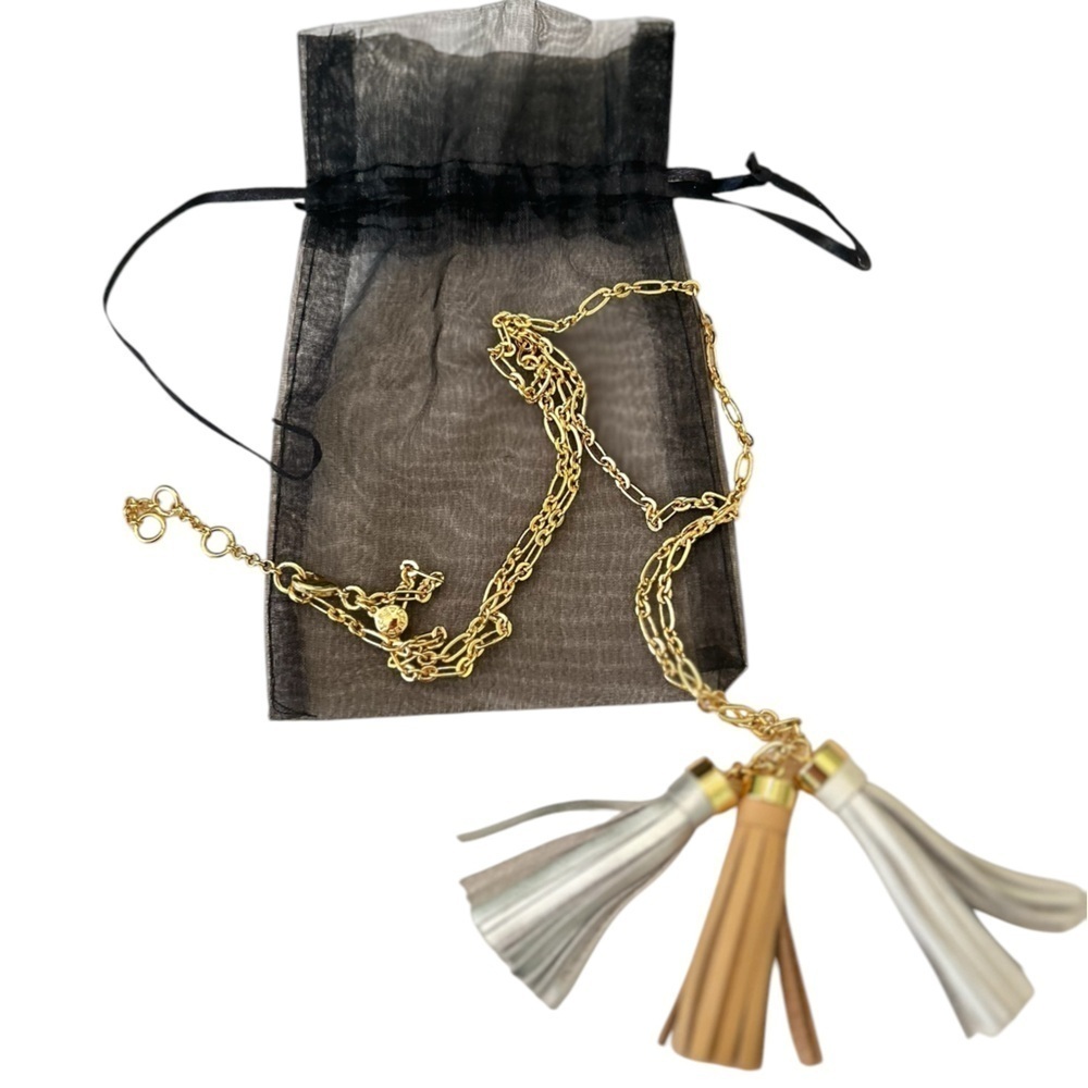 J Crew triple tassel beige/ivory/silver long gold tone necklace marked gift bag